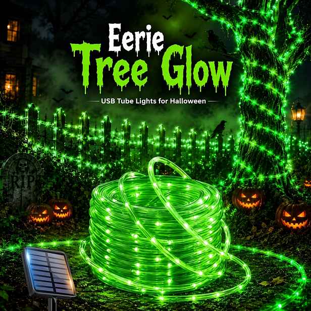 TEMU Zelená LED lanová světla na solární pohon, flexibilní trubičková řetězová světla s 12 světelnými režimy, 22ft 50LED/39ft 100LED/56ft 150LED/72ft