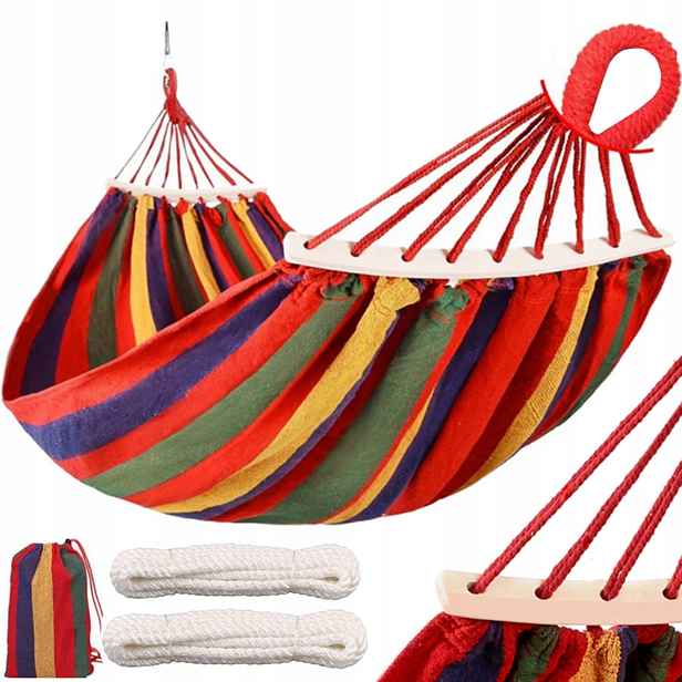 Zahradní Houpací Síť Dvoumístná Tyč Houpačka Silná 250X150 CM XXL Turistická