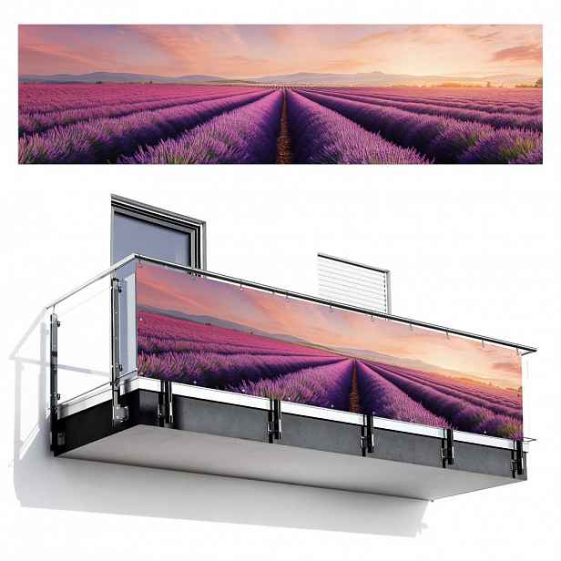 MuchoWow BALKONOVÁ ZÁSTĚNA Levandulové pole - Západ slunce - Fialová - Květiny 300x85 cm