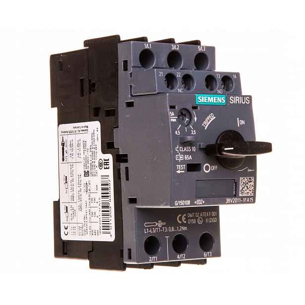 Siemens 3RV2011-1FA15 motorový vypínač 3,5–5A S00 1NO+1NC