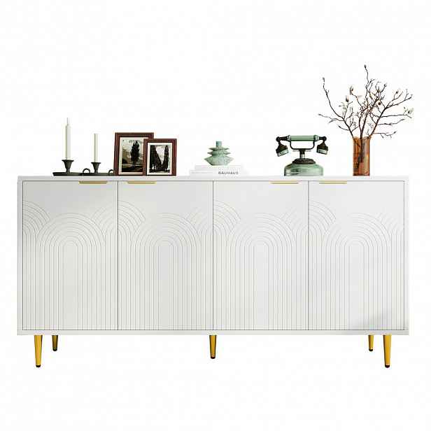 STILVORA KUCHYŇSKÁ SKŘÍŇ v bílé barvě se 4 dvířky a zlatými kartáčovanými úchyty, do obývacího pokoje, 160 × 40 × 80 cm
