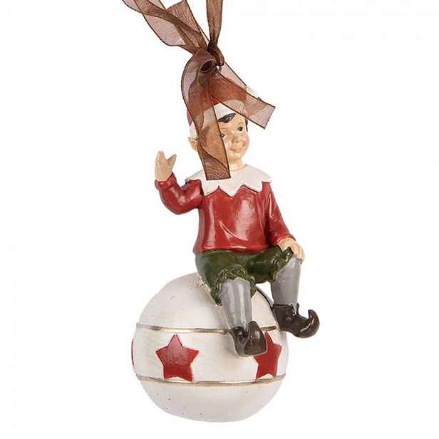 Závěsná vánoční dekorace sedící Elf na kouli - 5*5*10 cm Clayre & Eef