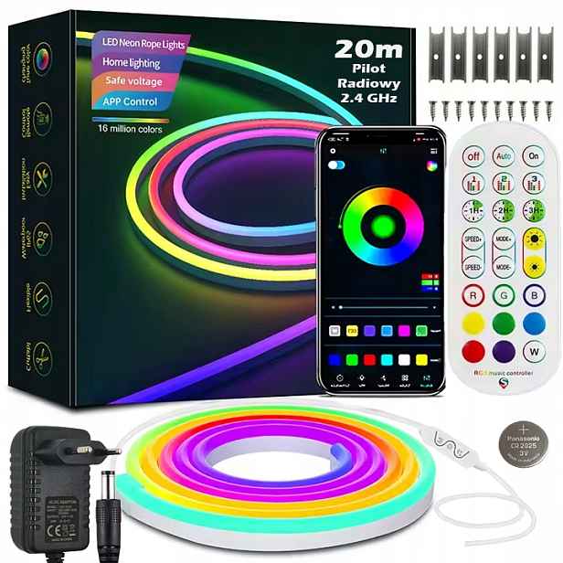 Led Pásek Neon 20M (2x10) Aplikace Bluetooth Rgb Dálkový Ovladač Rádiový 2.4GHz 24V