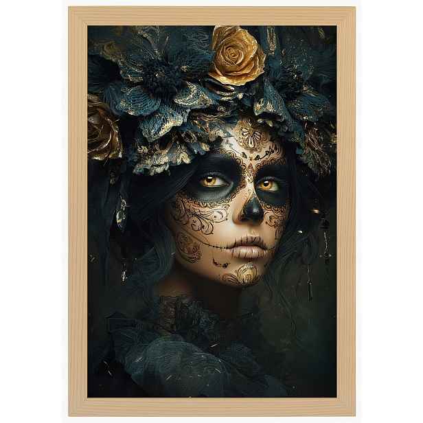 Plakát Rámeček Dřevo Dia De Los Muertos Catrina Zlaté Růže Art 40x60