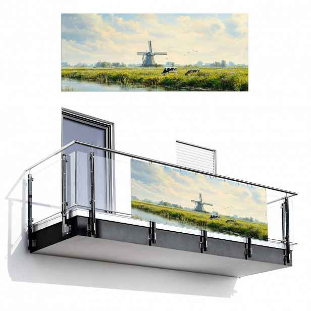 MuchoWow BALKONOVÁ ZÁSTĚNA Krávy - větrný mlýn - louka - modrá 300x120 cm