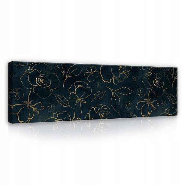 Obraz 145x45 Zlatý vzor tmavé pozadí květiny listy elegance luxus styl