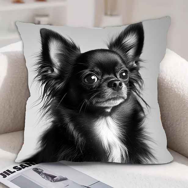 TEMU Moderní krátký plyšový povlak na polštář s potiskem chihuahua, rozměry 45.72X45.72 cm, s designem černé a bílé kočky, se zipem, lze prát v