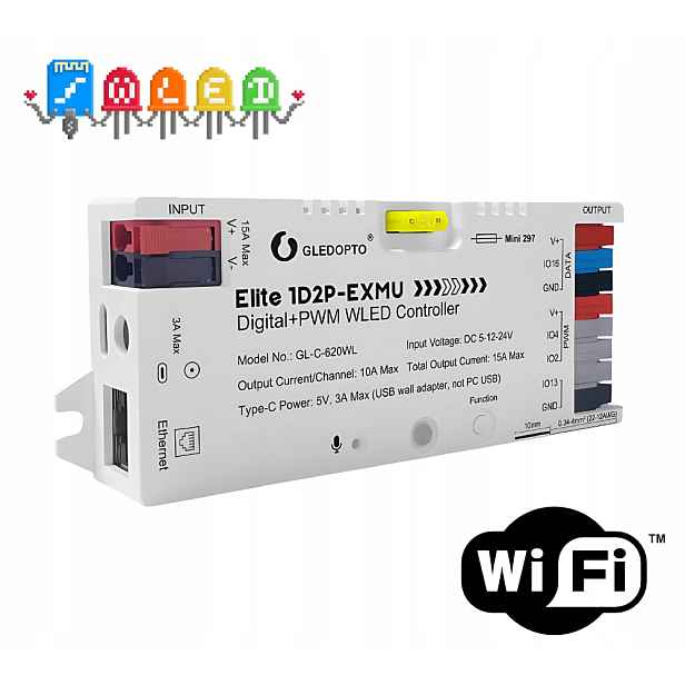 Led ovladač Wled Pwm Rgbic WiFi ESP32 Ethernet RJ45 WS2811 Home Assistant