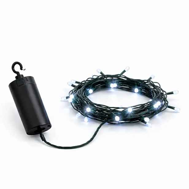 LED světýlka na baterie, venkovní, 2,2 m, ledově bílá, 20 diod, tmavě zelený kabel, IP44, ovladač, 4 × AA