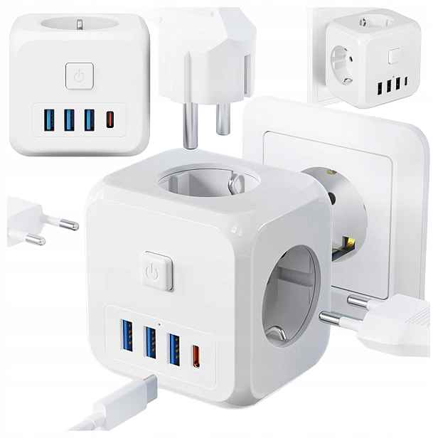 Rozbočka Síťový Rozbočovač Rozdvojka 3 Zásuvky Eu 3x Usb Usb-c C