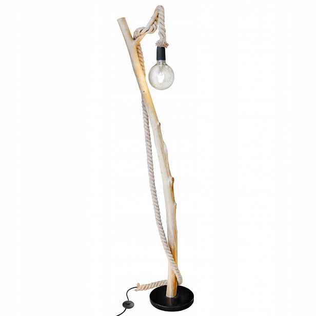 Hnědá podlahová lampa Nerida s teplým leskem vedle křesla Globo