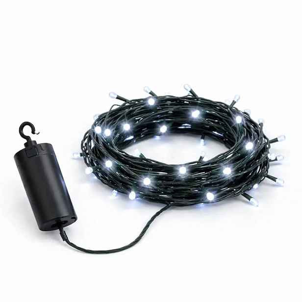 LED světýlka na baterie, venkovní, 5,2 m, ledově bílá, tmavě zelený kabel, IP44, 4 × AA