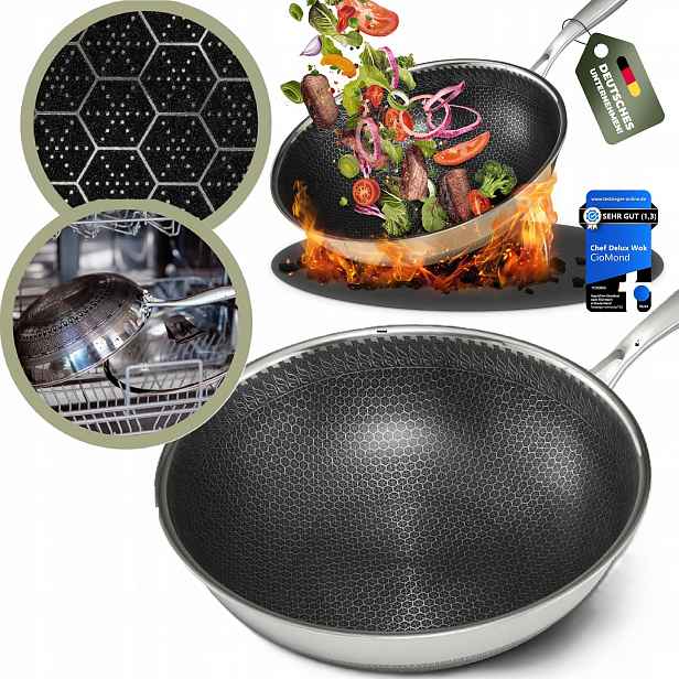Velká pánev Indukce Gaz nepřilnavá pánev wok 28 cm, prostorná, 3 l
