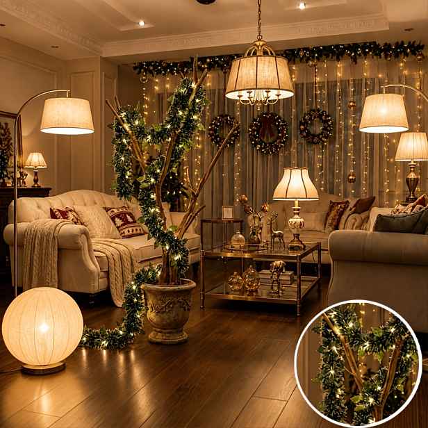 TEMU 210 cm / 82,68 palců 20 LED Vánoční Zelená Vánoční Větev Třpytivý Věnec Řetěz Světla, Vhodné pro Sváteční Dekorace Jako Vánoce, Den Díkůvzdání,