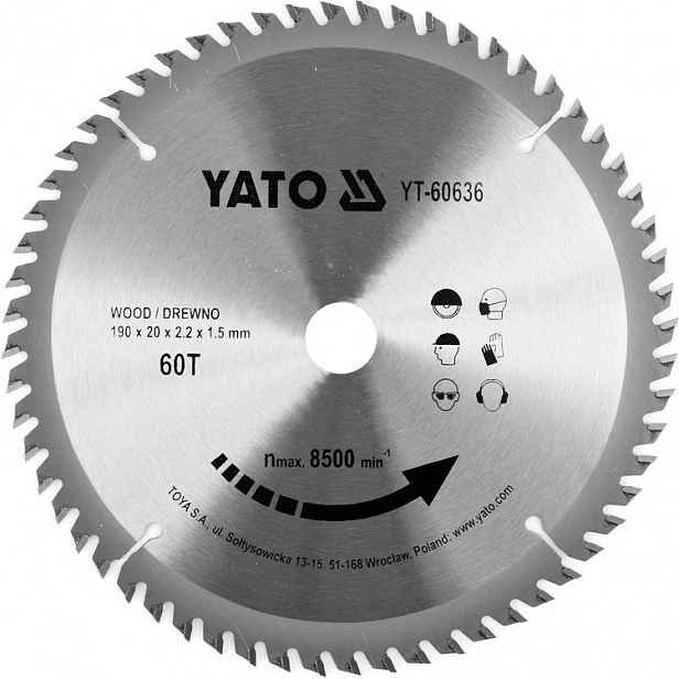 Kotouč na dřevo 190x20 mm 60T Yato YT-60636 8500 rpm vidlicový