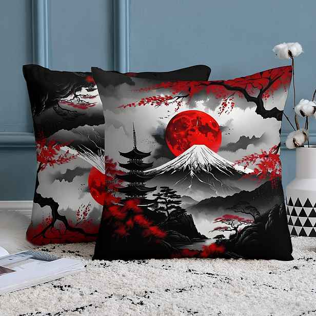 TEMU Sada 2 stylových povlaků na polštáře s japonským retro krajinářským vzorem, vyrobené z vysoce kvalitního krátkého plyšu, módní design,