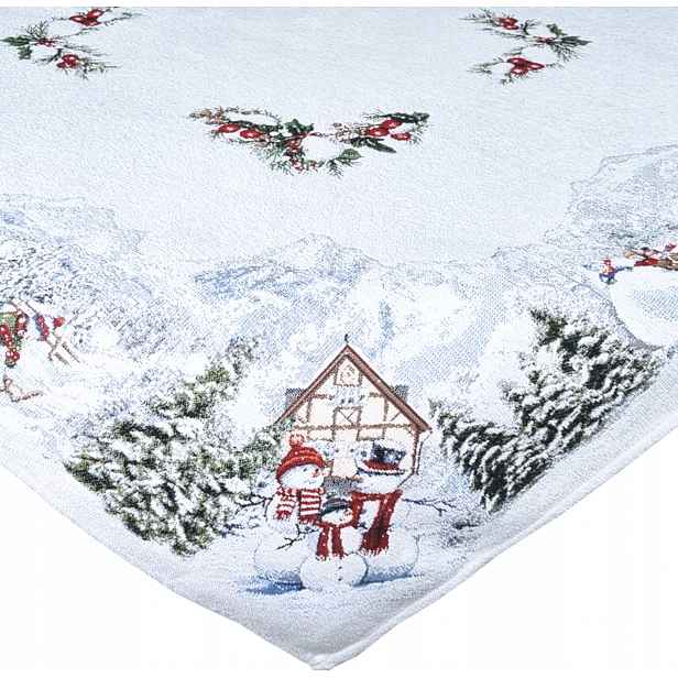 Gobelínový ubrus vánoční bílý zimní sněhulák 98x98 elegantní tkaný