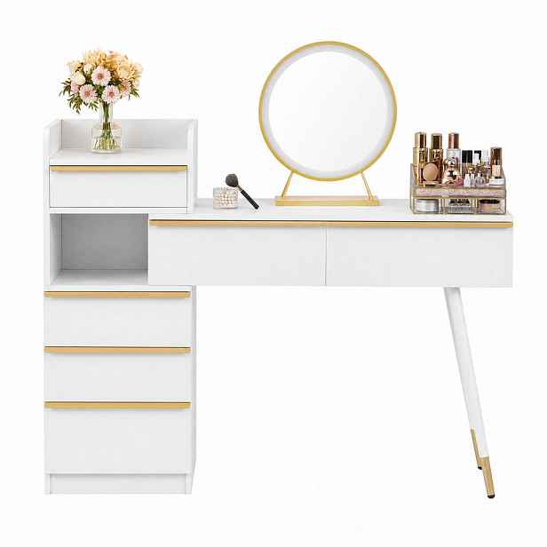 STILVORA TOALETNÍ STOLEK v bílé barvě s LED zrcadlem, výsuvnou deskou a 6 zásuvkami, 100 × 41,5 × 102 cm