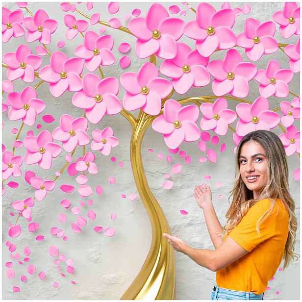 Fototapeta 3D Obývací Pokoj Ložnice Zlatý Strom listy růžové 294x260 W