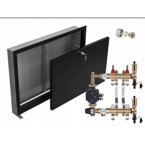 Rozdělovač pro podlahovku 2 s Pompou Grundfos+pex+podomítková Skříňka Černá
