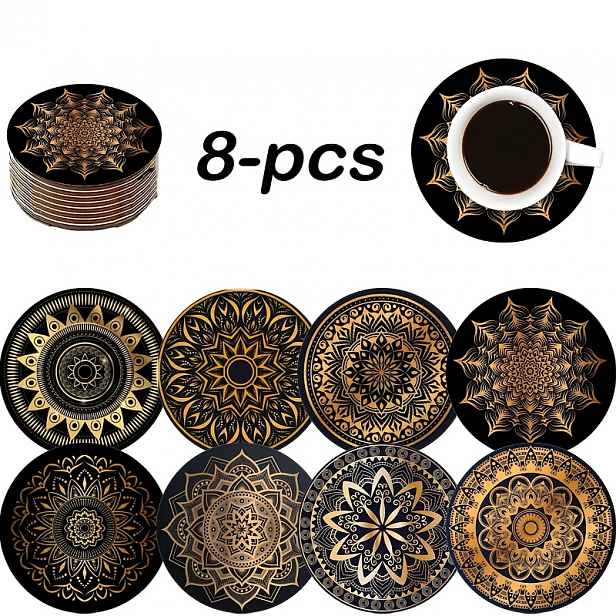 TEMU Nejlepší 8 ks Mandala podložek - Vodotěsný dřevěný umělecký design, protiskluzové, vhodné pro /kanceláře/domácnosti, nezbytné pro vánoční párty