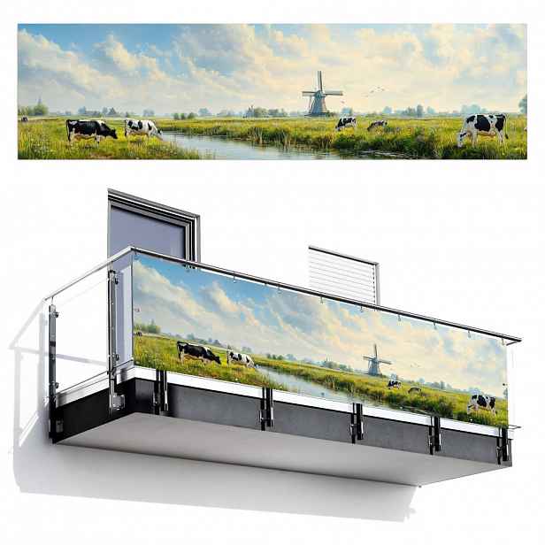 MuchoWow BALKONOVÁ ZÁSTĚNA Krávy - větrný mlýn - louka - modrá 300x80 cm