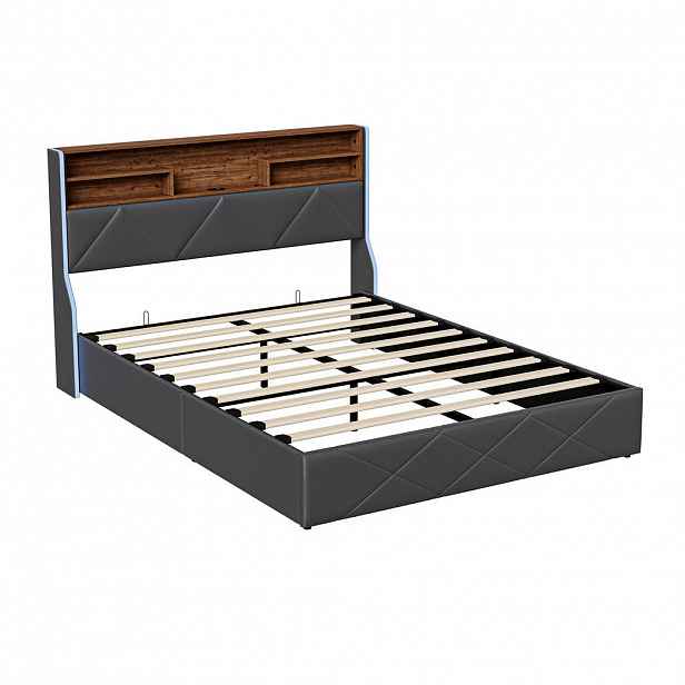 SHOPENTRA POSTEL s úložným prostorem 160x200 černá, umělá kůže, dřevo, USB