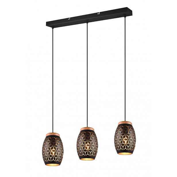 Závěsné stropní osvětlení Bidar 71 cm, černý kov/dřevo, 3 svítidla
