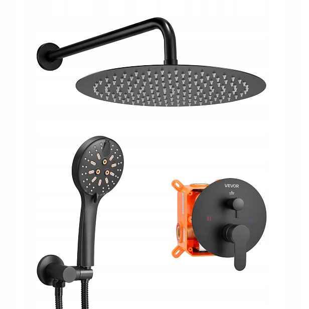 Sprchový set dešťová 30 cm kulatý s nástěnnou baterií, černá matná