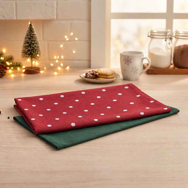 Sada vánočních kuchyňských utěrek FESTIVE FEAST 45 × 65 cm červená s puntíky/zelená - 2 ks