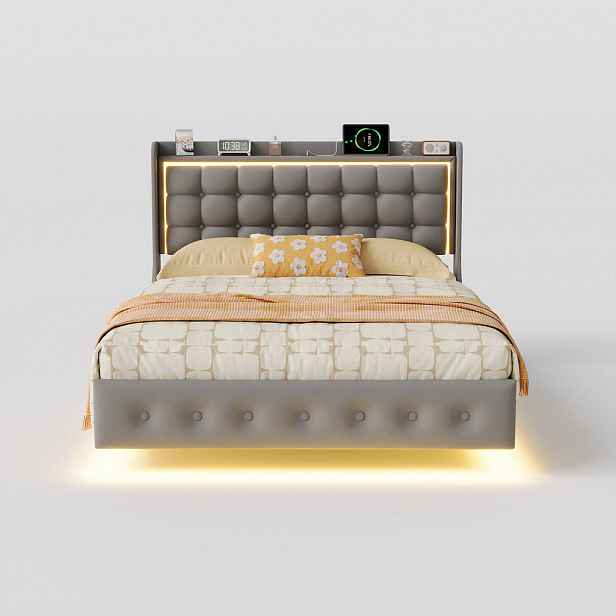 SHOPENTRA MANŽELSKÁ postel 160x200 šedý samet, RGB-LED, USB, čelo s knoflíky