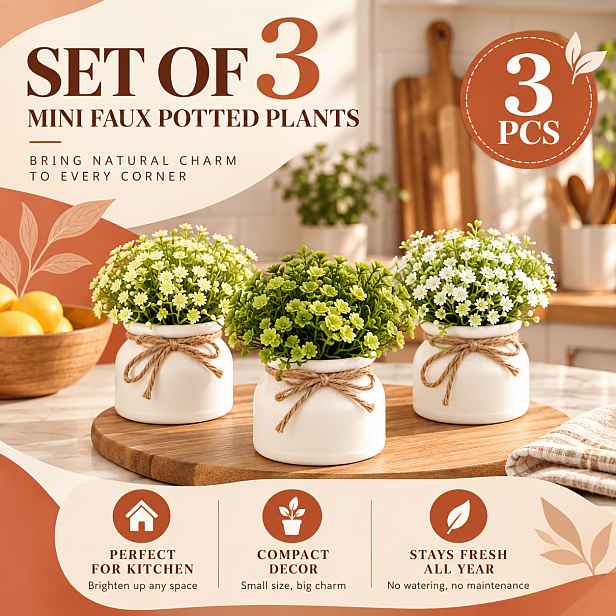 TEMU 3 květináče s umělými mini rostlinami Gypsophila v květináčích, realistické umělé květiny pro zelenou výzdobu na stůl, vhodné do obývacího