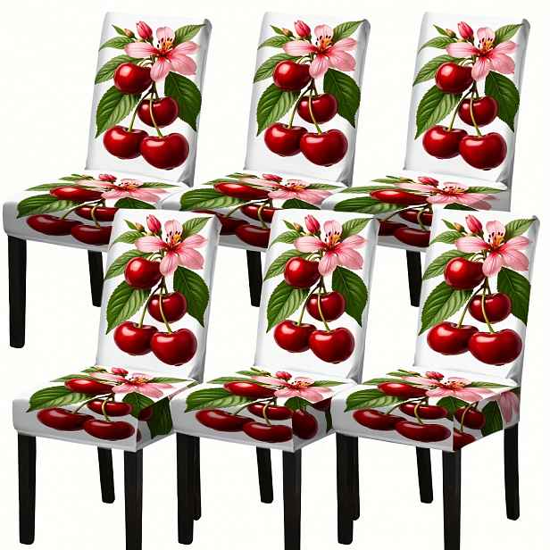 TEMU 4/6 ks Elastický potah na židli Moderní bílá s červenými třešňovými květinami Dekorační set do jídelny