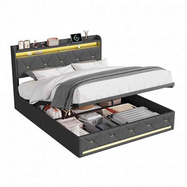 SHOPENTRA POSTEL s boxspringem 140x200, šedý lněný materiál, hydraulický úložný prostor, LED