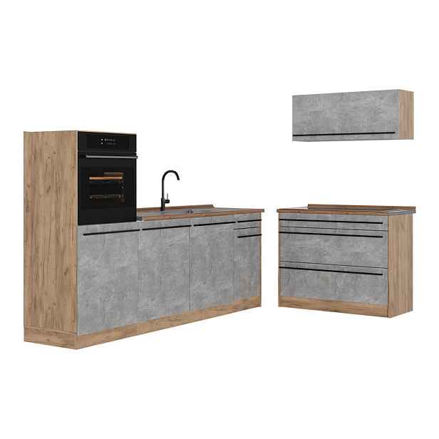 Vicco KUCHYŇSKÝ KOUT R-Line, Beton/Zlatý mocný dub, 220 cm pracovná doska Dub Goldkraft