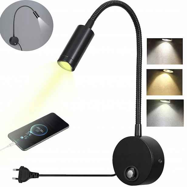 Nástěnné Svítidlo Do Ložnice Na Čtení Led 3V Černé, 3 Barvy Světla