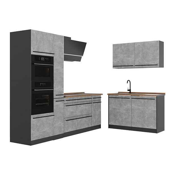 Vicco ROHOVÁ KUCHYŇ R-Line, Beton/Antracit, 230 x 120 cm pracovná doska Dub Goldkraft