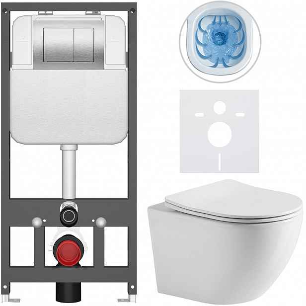 Kompletní WC set Basic/Cesso - bílá lesklá - WC tlačítko Maxio/Stříbrná - závěsné - předstěnová instalace - 49x36 cm - 8050BD85953