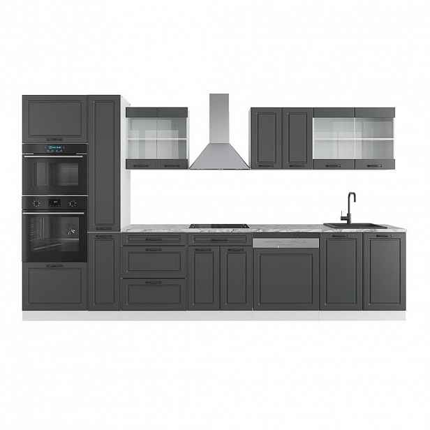 Vicco KUCHYŇSKÁ LINKA R-Line Antracitový venkovský dům/bílá 350 cm s vysokou skříní, PD Mramor