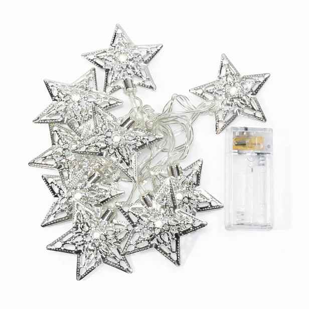 LED světýlka na baterie, 1,3 m, kovové hvězdy, ledově bílá, 10 diod, čirý kabel, IP20 interiér, 2× AA
