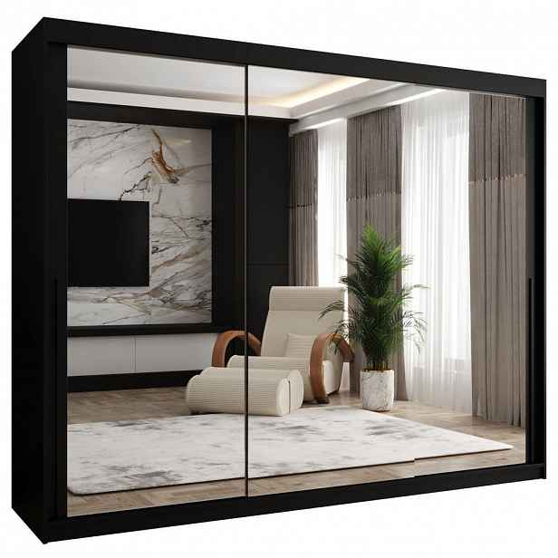 Home Collective ŠATNÍ SKŘÍŇ S POSUVNÝMI DVEŘMI se zrcadlem, šířka 250 cm, černá s černým madlem