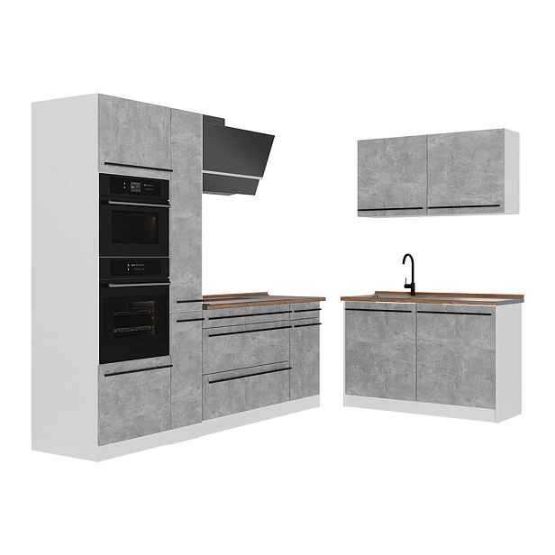 Vicco ROHOVÁ KUCHYŇ R-Line, Beton/Bílá, 230 x 120 cm pracovná doska Dub Goldkraft