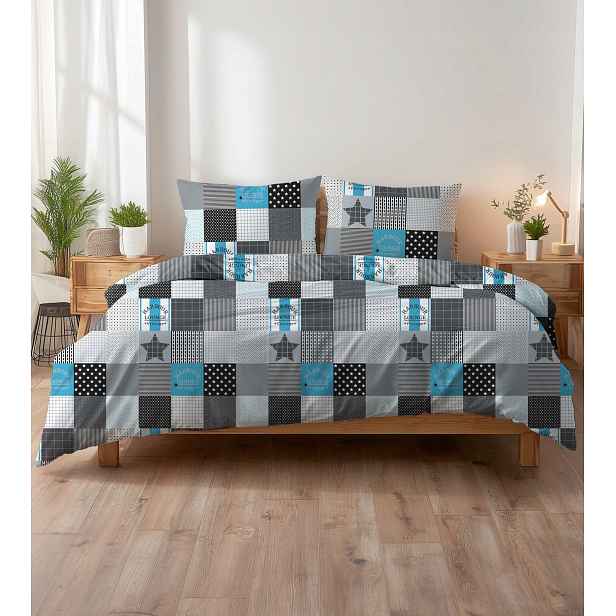 Krepové povlečení 140x200 patchwork černo-šedo-tyrkysové