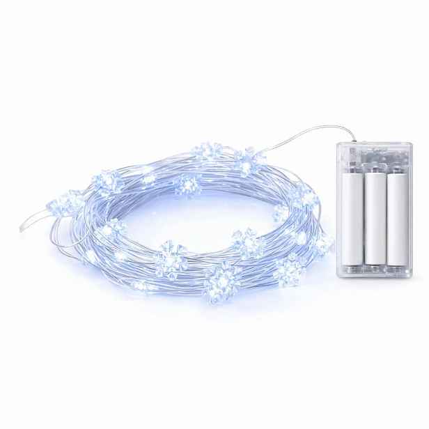 LED světýlka na baterie, vločky, 2,3 m, ledově bílá, 20 diod, čirý kabel, IP20 interiér, 3 × AA