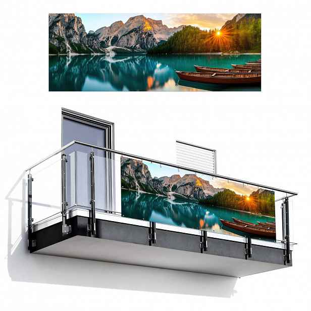 MuchoWow BALKONOVÁ ZÁSTĚNA Jezero - Hory - Západ slunce - Loď 300x110 cm