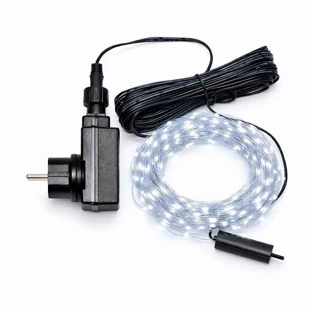 LED světelný řetěz, kapičky, 12 pramenů × 1,5 m , venkovní, ledově bílá, 180 diod, stříbrný kabel, IP44, vč. zdroje