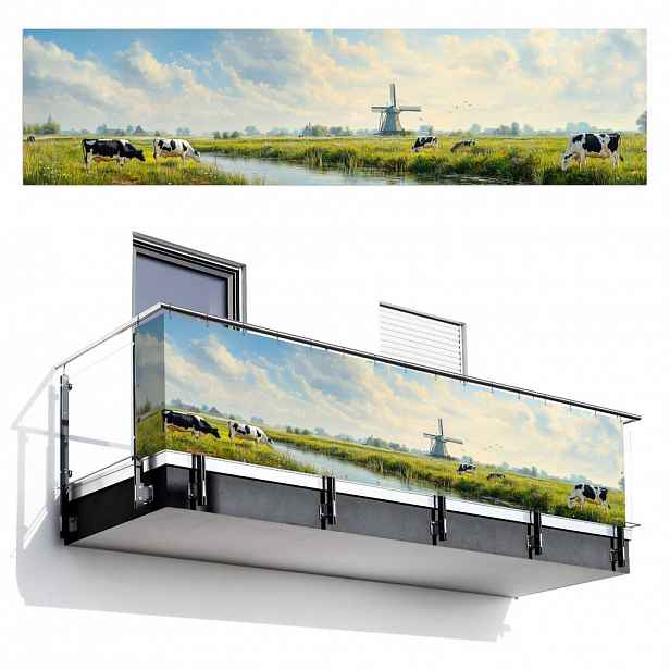 MuchoWow BALKONOVÁ ZÁSTĚNA Krávy - větrný mlýn - louka - modrá 500x120 cm