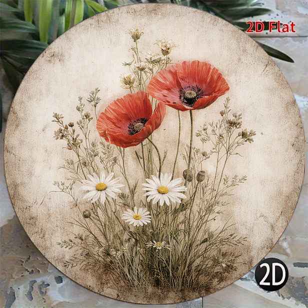TEMU 2D plochý - 1 ks 8 x 8 palců/20 x 20 cm 2D plochá kulatá cedule, vintage plaketa o makách a sedmikráskách, venkovský pastorální styl květinová