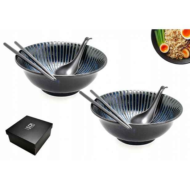 Sada 2 misek s lžícemi a paličkami Ramen Kaigara modrá 21 cm Box