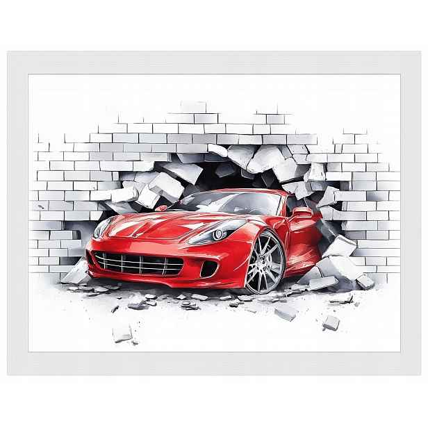 Plakát Rámeček Dřevo Červené Auto Ferrari Mur 3D 80x60